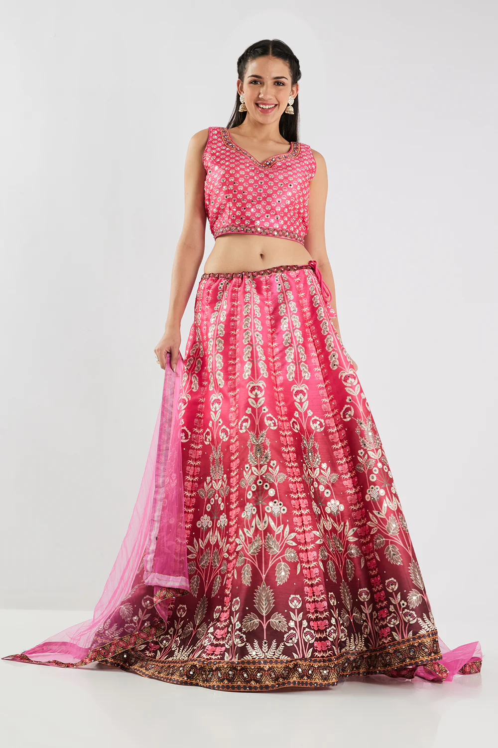 Neerus Rani Pink Printed Silk Fabric Ghagra Set - Image 4