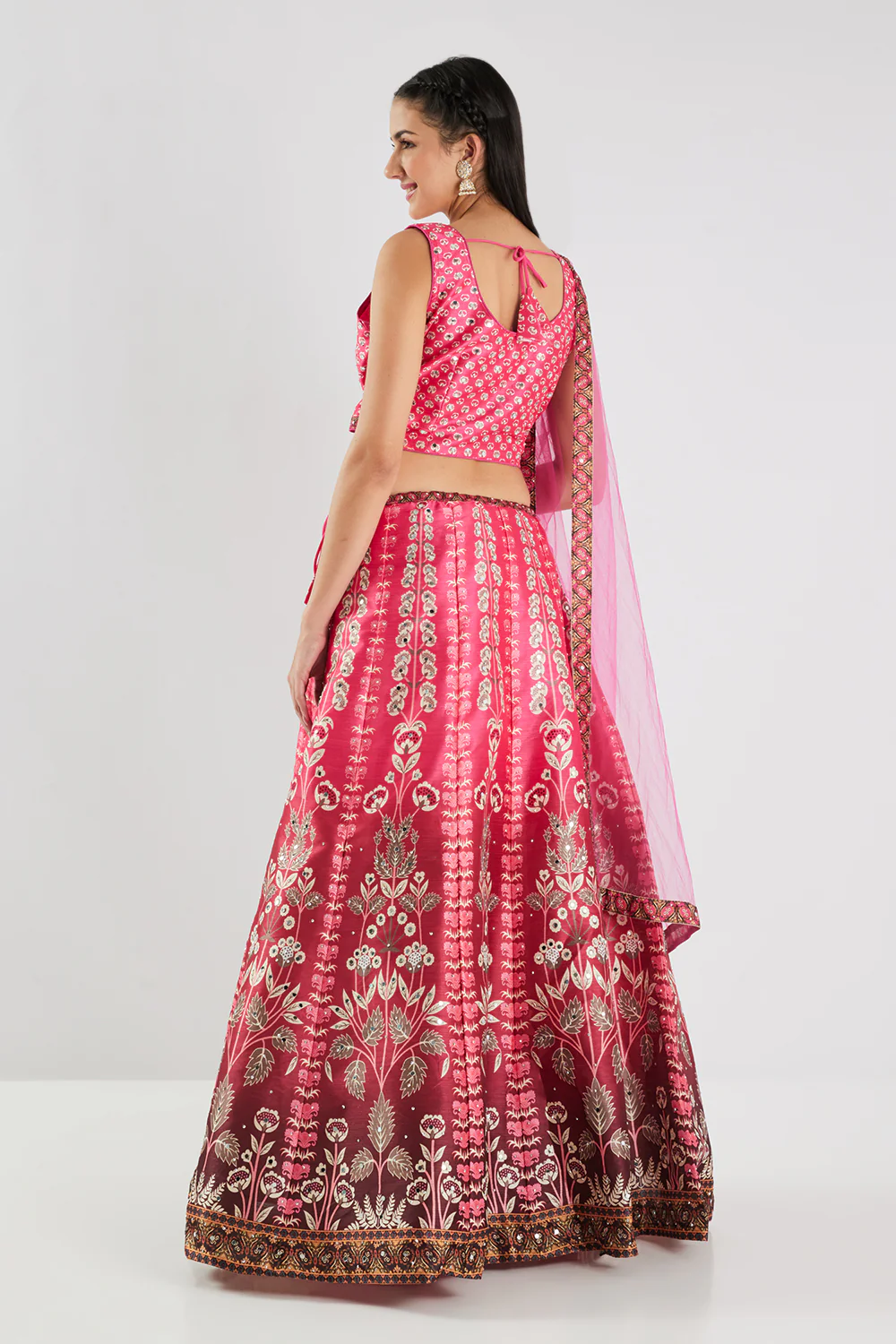 Neerus Rani Pink Printed Silk Fabric Ghagra Set - Image 5