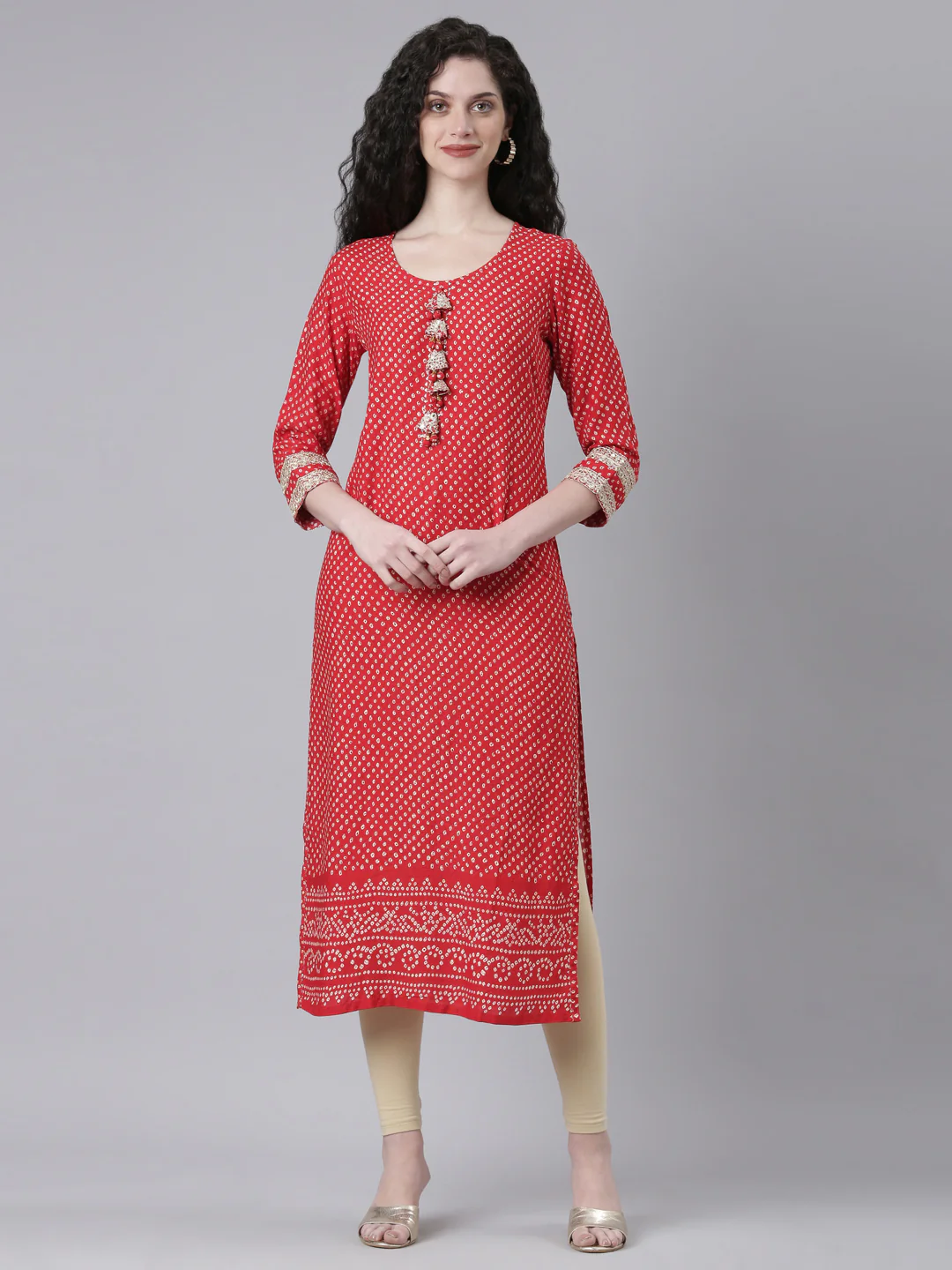 Neerus Red Casual Bandhani Straight Kurta
