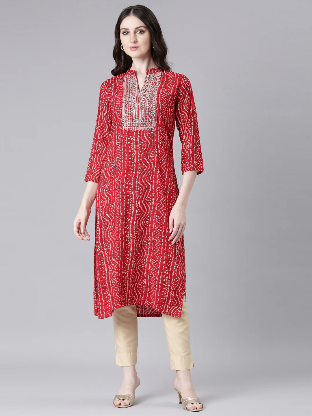 Neerus Red Casual Bandhani Straight Kurta