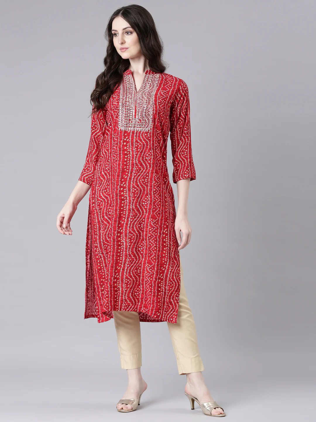Neerus Red Casual Bandhani Straight Kurta - Image 5
