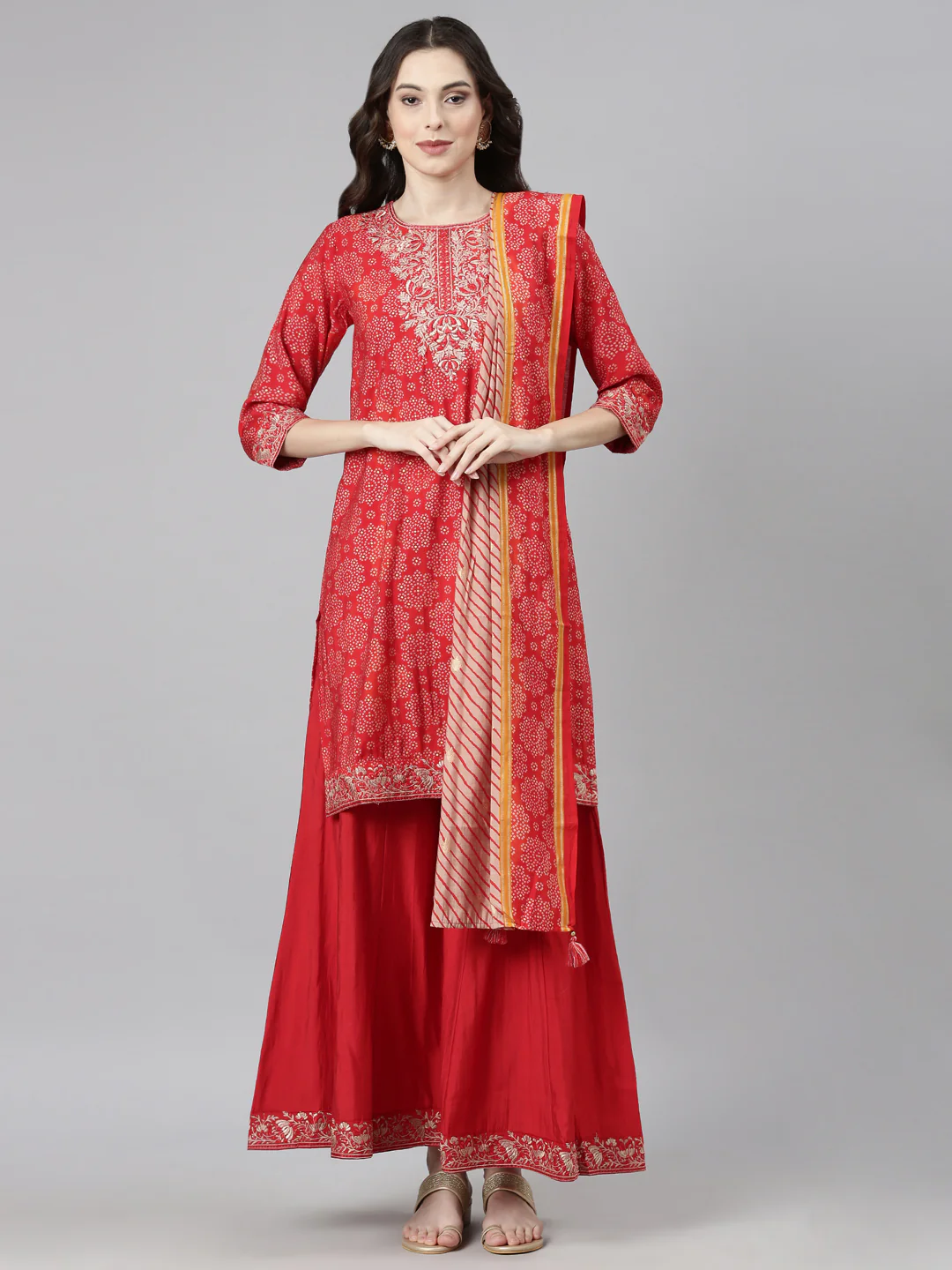 Neerus Red Casual Bandhani Straight Kurti and Palazzos With Dupatta