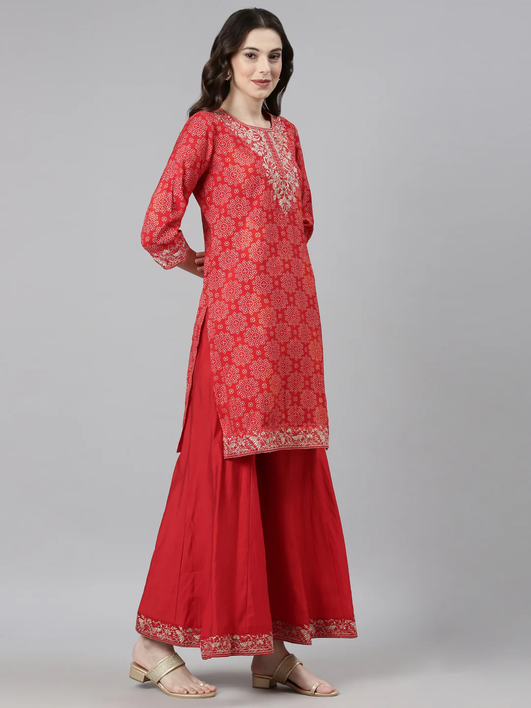 Neerus Red Casual Bandhani Straight Kurti and Palazzos With Dupatta - Image 3