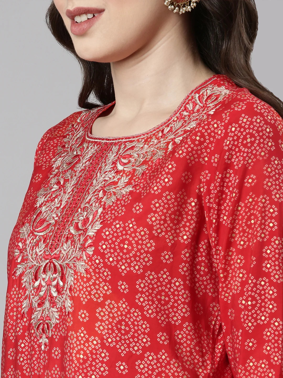 Neerus Red Casual Bandhani Straight Kurti and Palazzos With Dupatta - Image 5