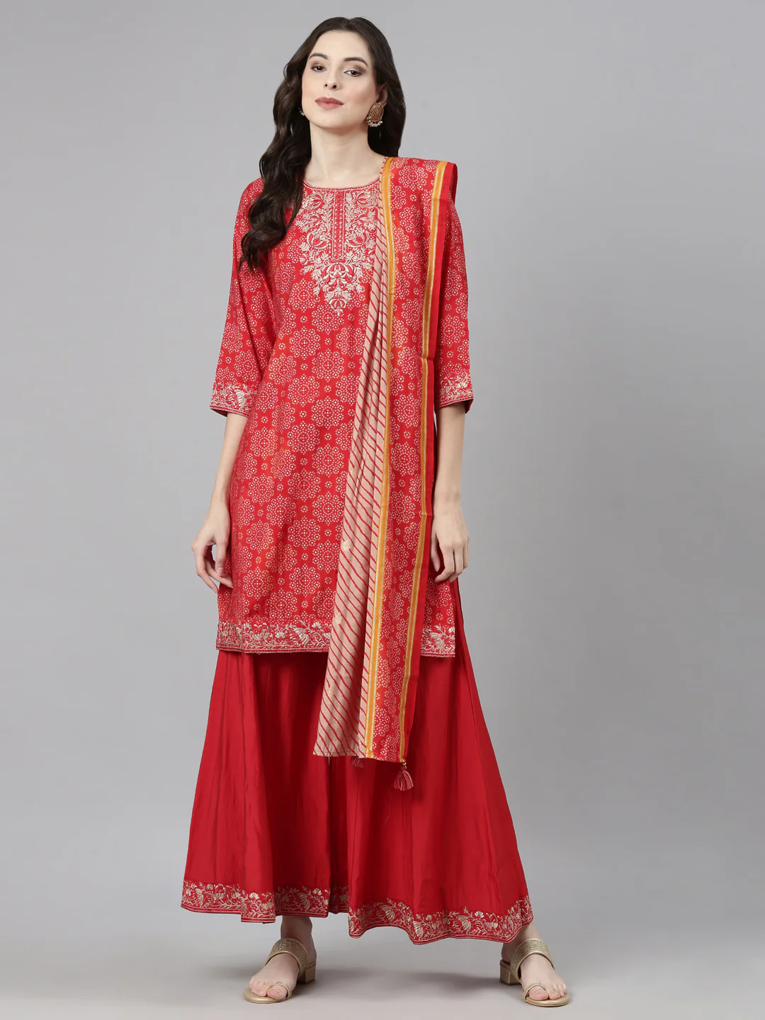 Neerus Red Casual Bandhani Straight Kurti and Palazzos With Dupatta - Image 6