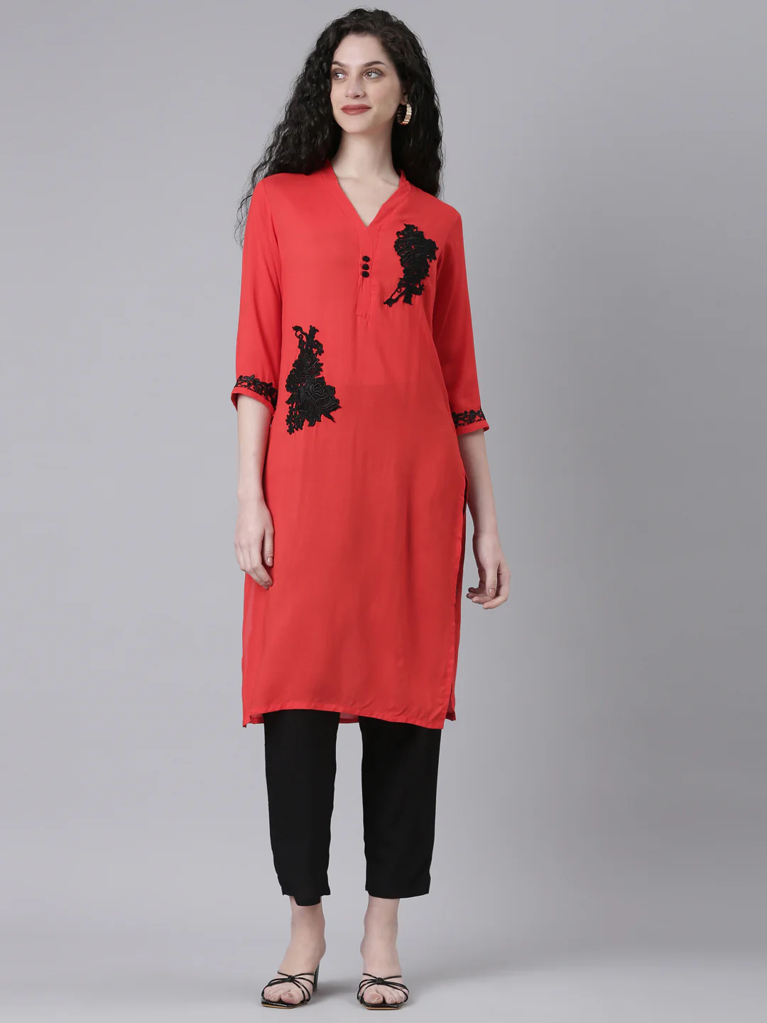 Neerus Red Casual Solid Straight Kurta