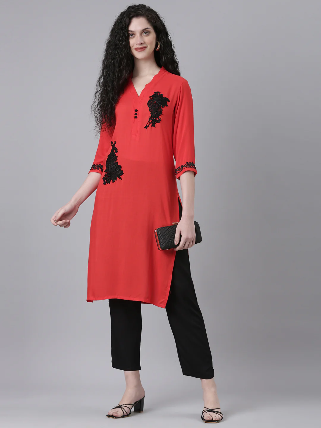Neerus Red Casual Solid Straight Kurta - Image 5