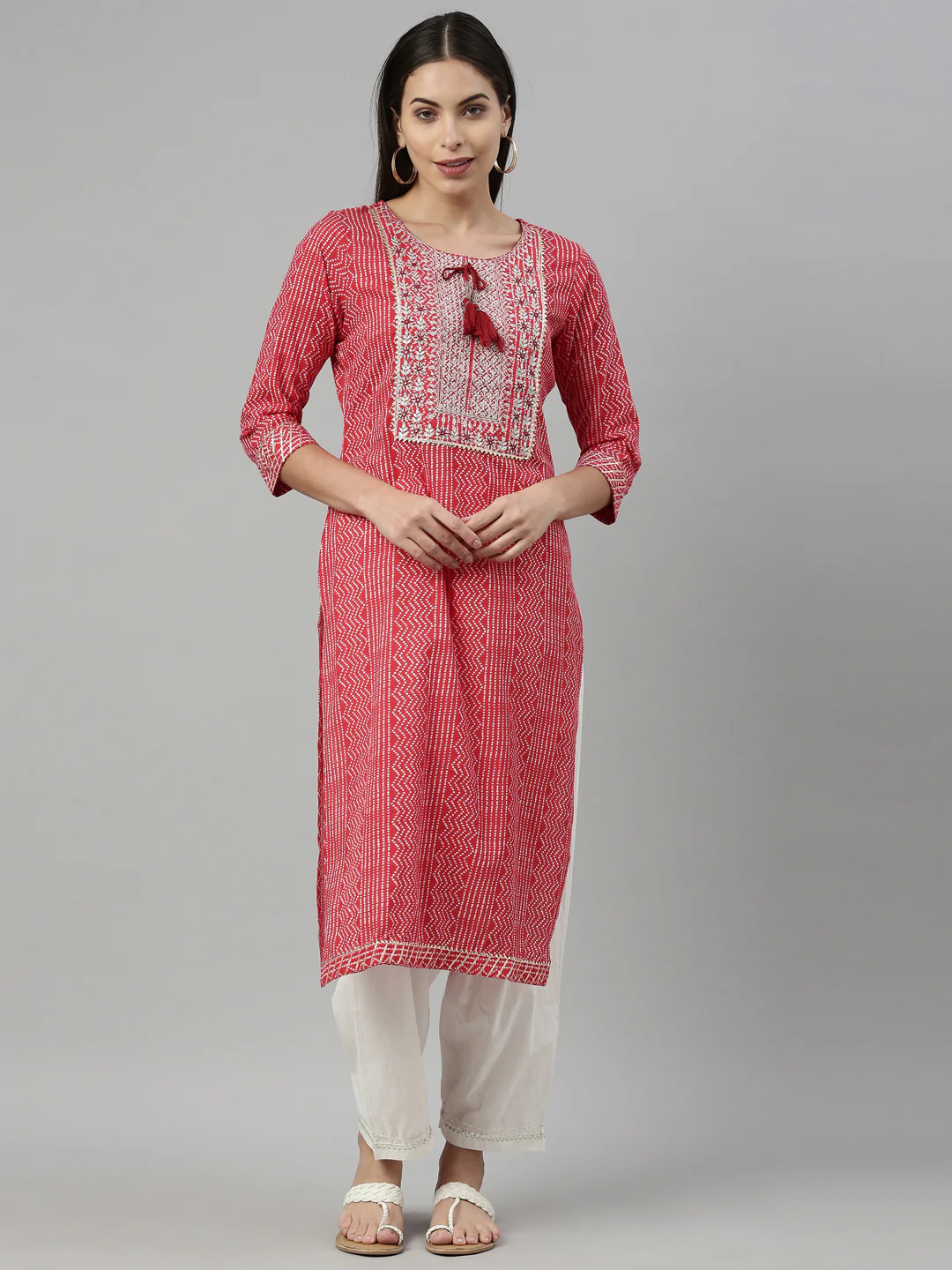 Neerus Red Color Cotton Fabric Kurta