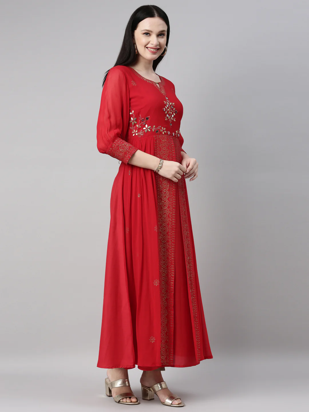 Neerus Red Straight Casual Embellished Dress - Image 2