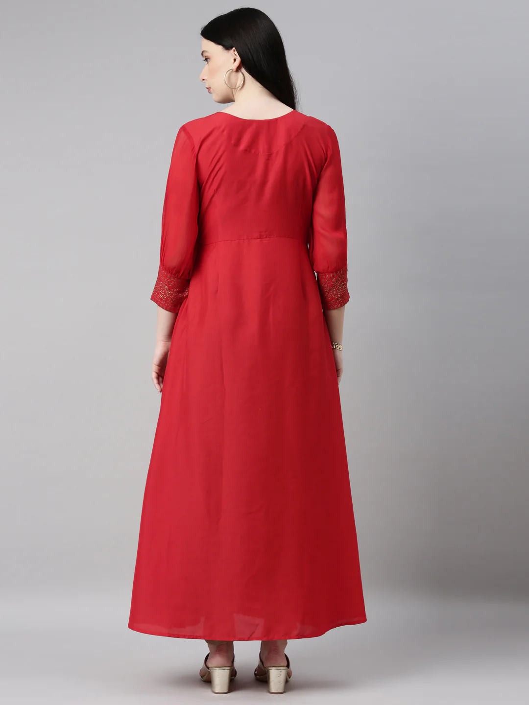Neerus Red Straight Casual Embellished Dress - Image 3