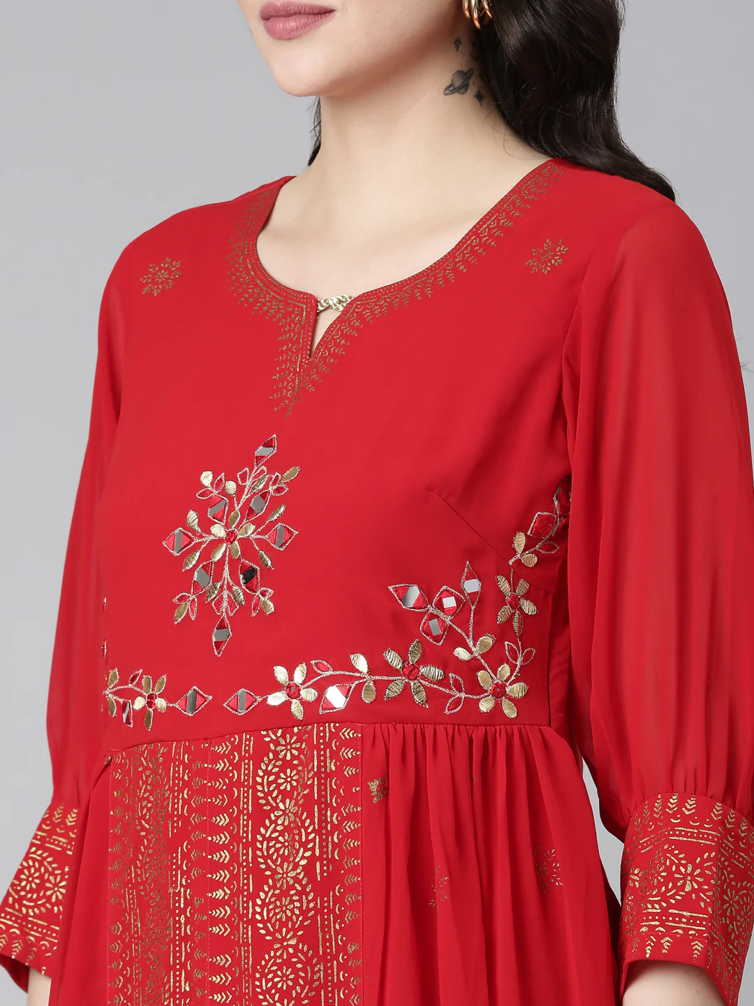 Neerus Red Straight Casual Embellished Dress - Image 4