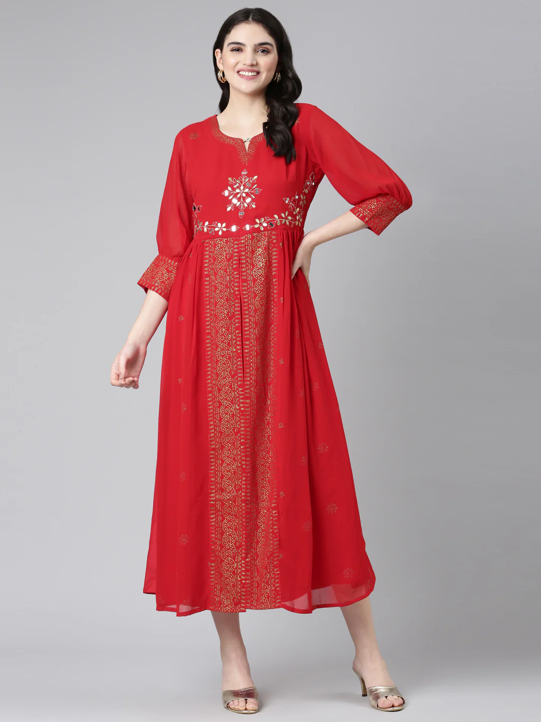 Neerus Red Straight Casual Embellished Dress - Image 5