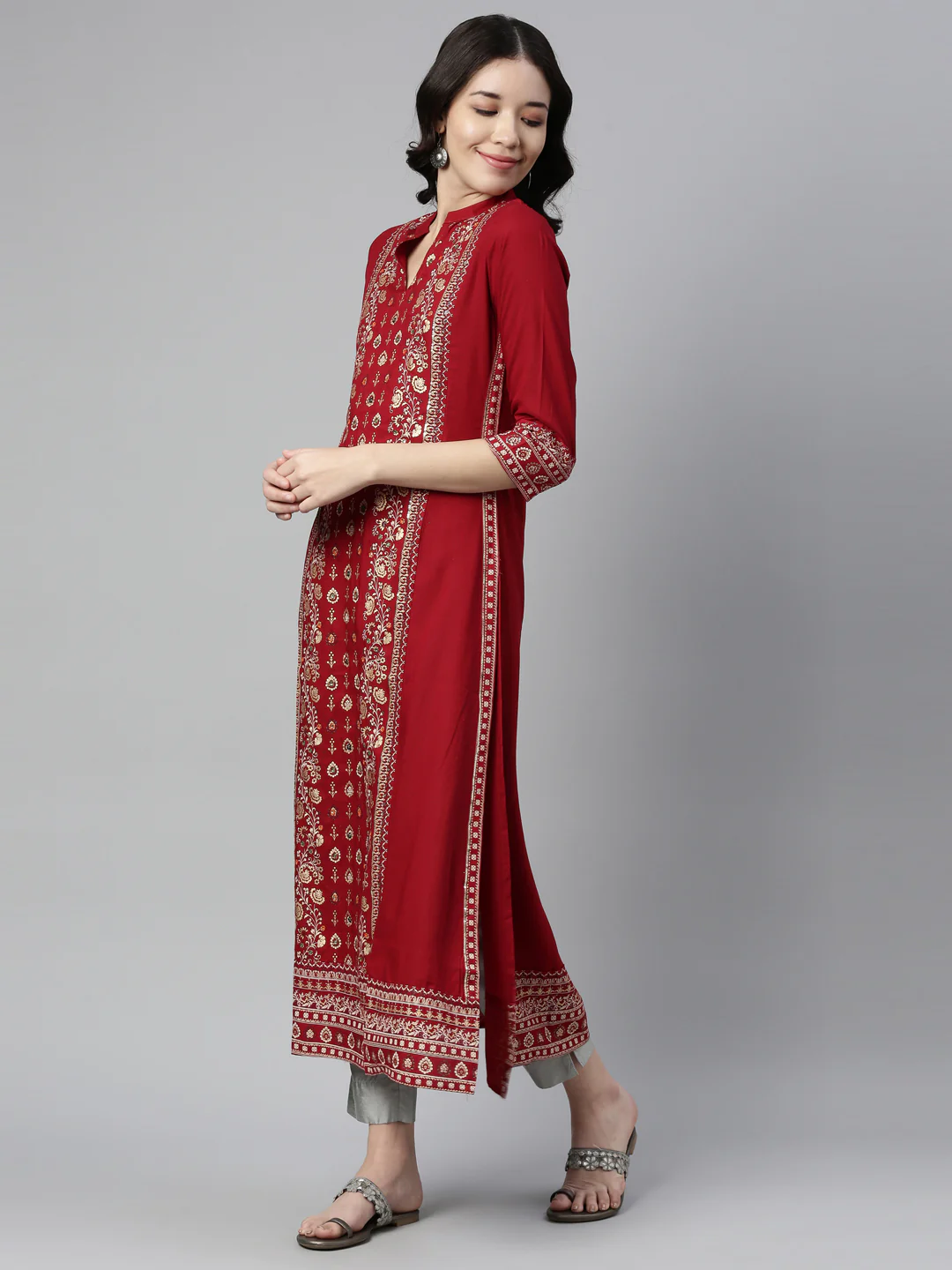 Neerus Red Color Rayon Fabric Kurta - Image 2