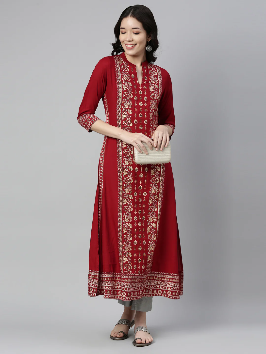Neerus Red Color Rayon Fabric Kurta - Image 5