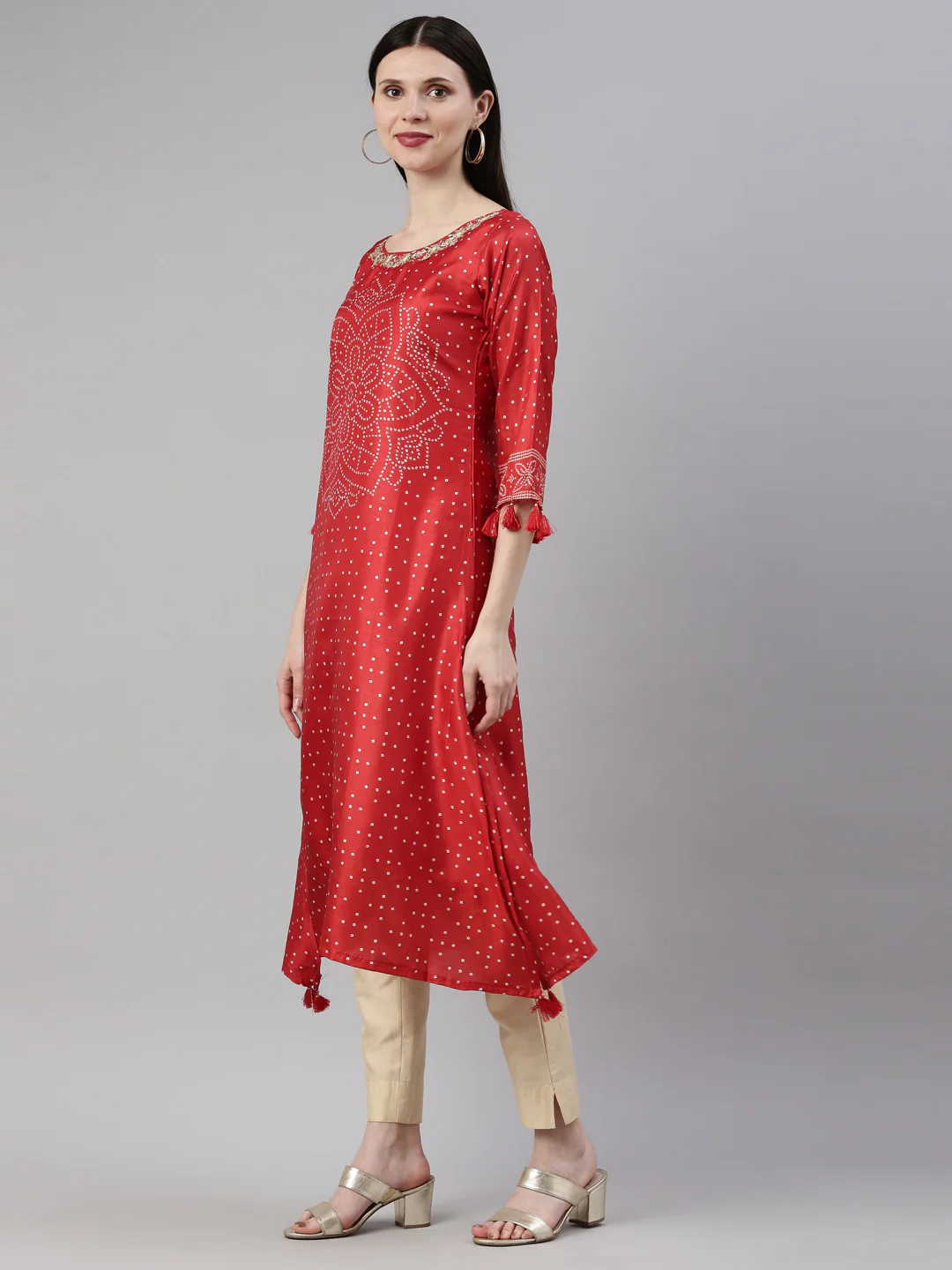 Neerus Red Color Silk Fabric Kurta - Image 3