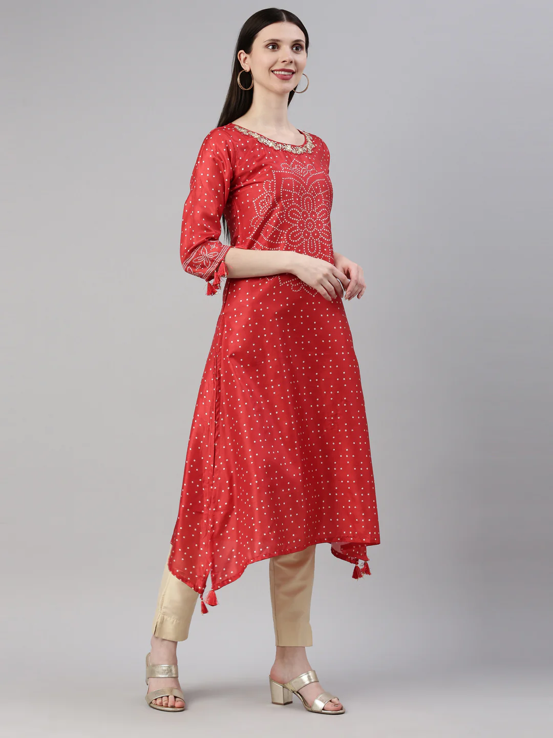 Neerus Red Color Silk Fabric Kurta - Image 4