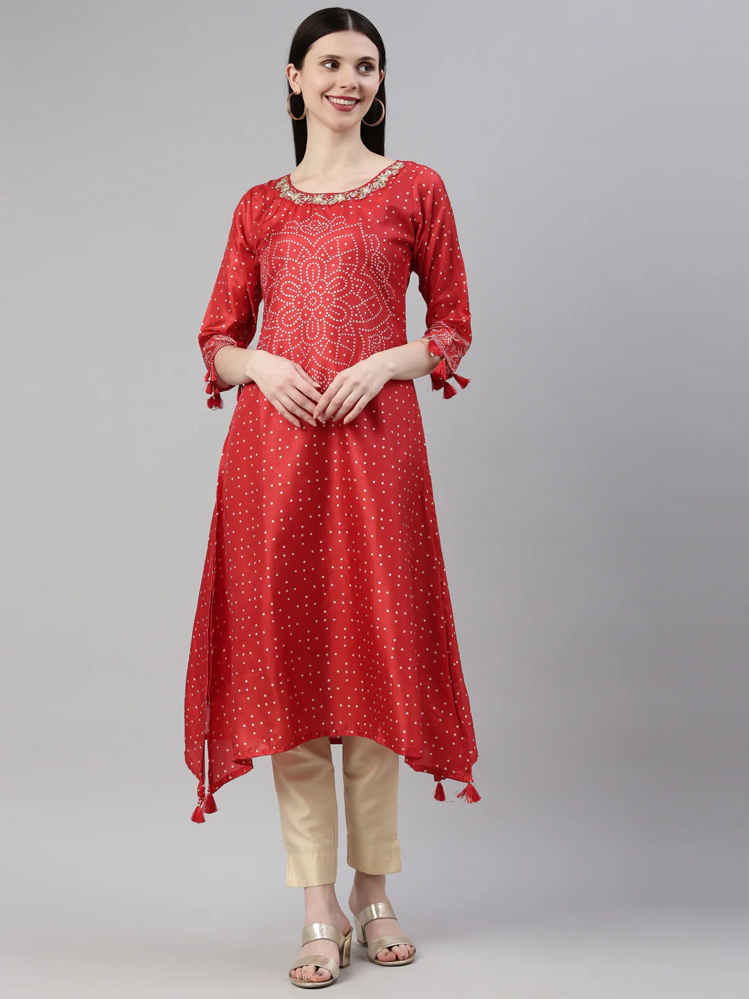 Neerus Red Color Silk Fabric Kurta - Image 9