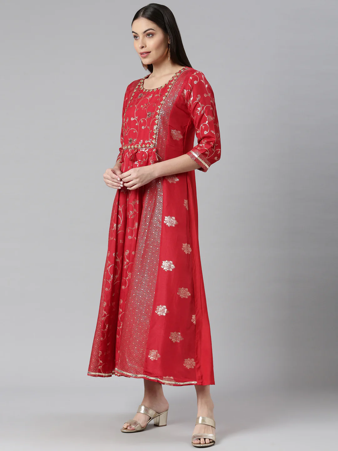 Neerus Red Color Silk Fabric Printed Kurta - Image 2