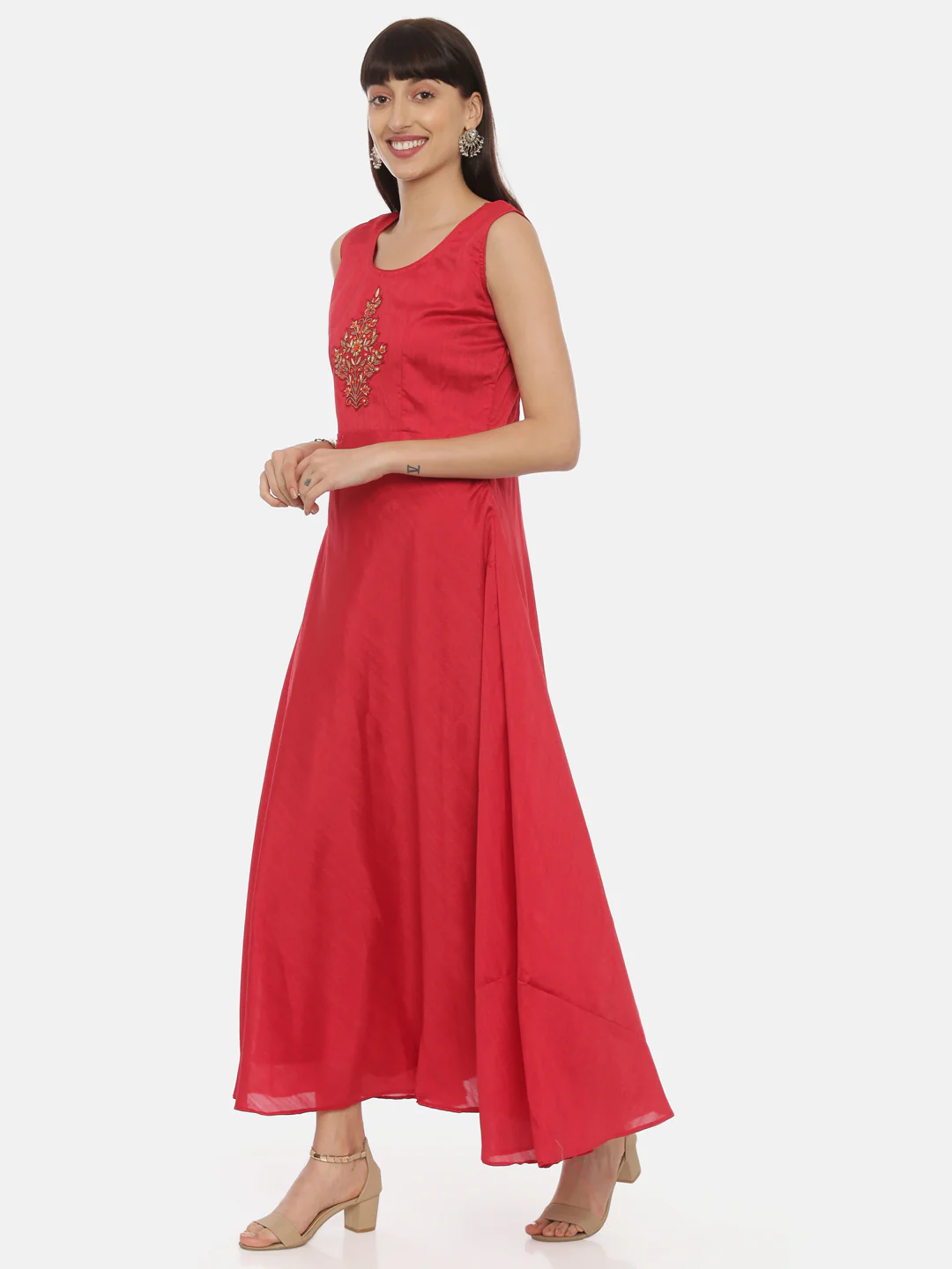 Neerus Red Embellished Anarkali Kurta With Jacket - Image 6
