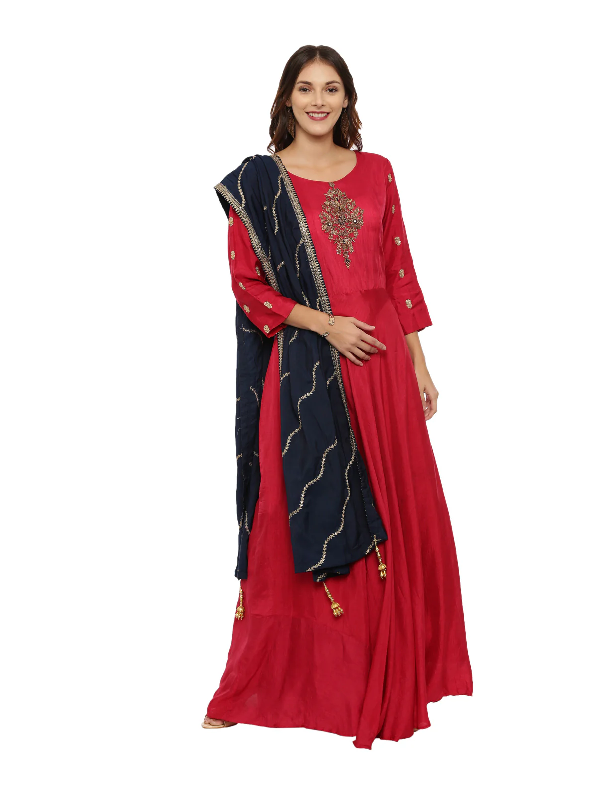 Neerus Red Embroidered Kurta With Churidar & Dupatta
