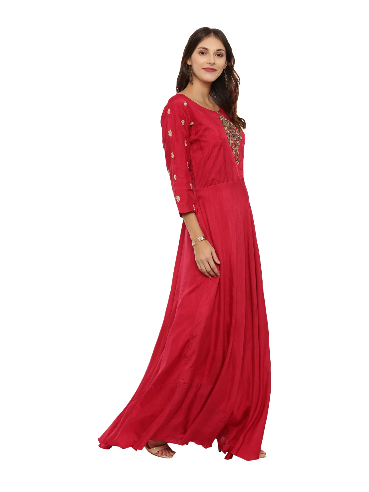 Neerus Red Embroidered Kurta With Churidar & Dupatta - Image 3