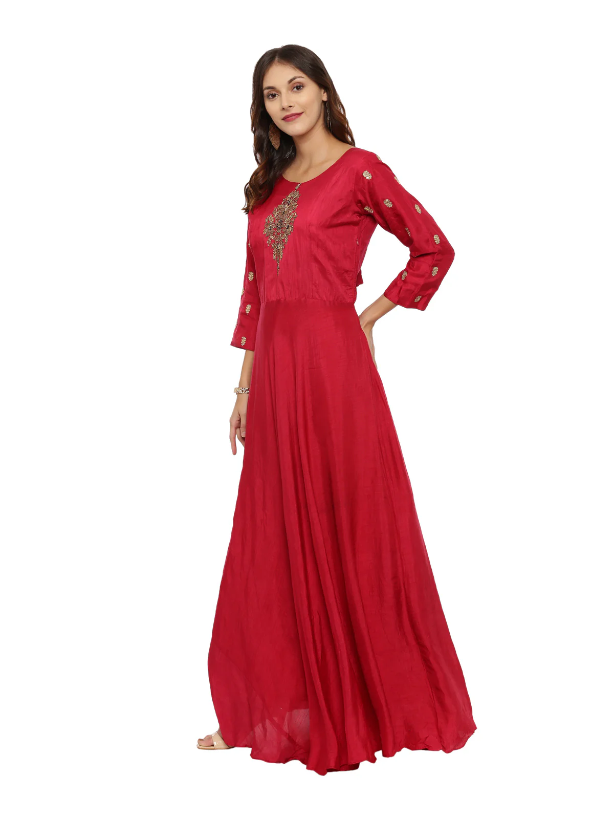 Neerus Red Embroidered Kurta With Churidar & Dupatta - Image 5