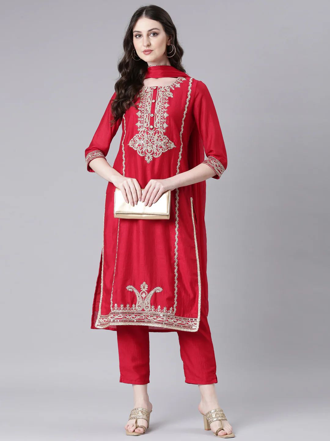 Neerus Red Embroidered Straight Kurta and Trousers With Dupatta - Image 6