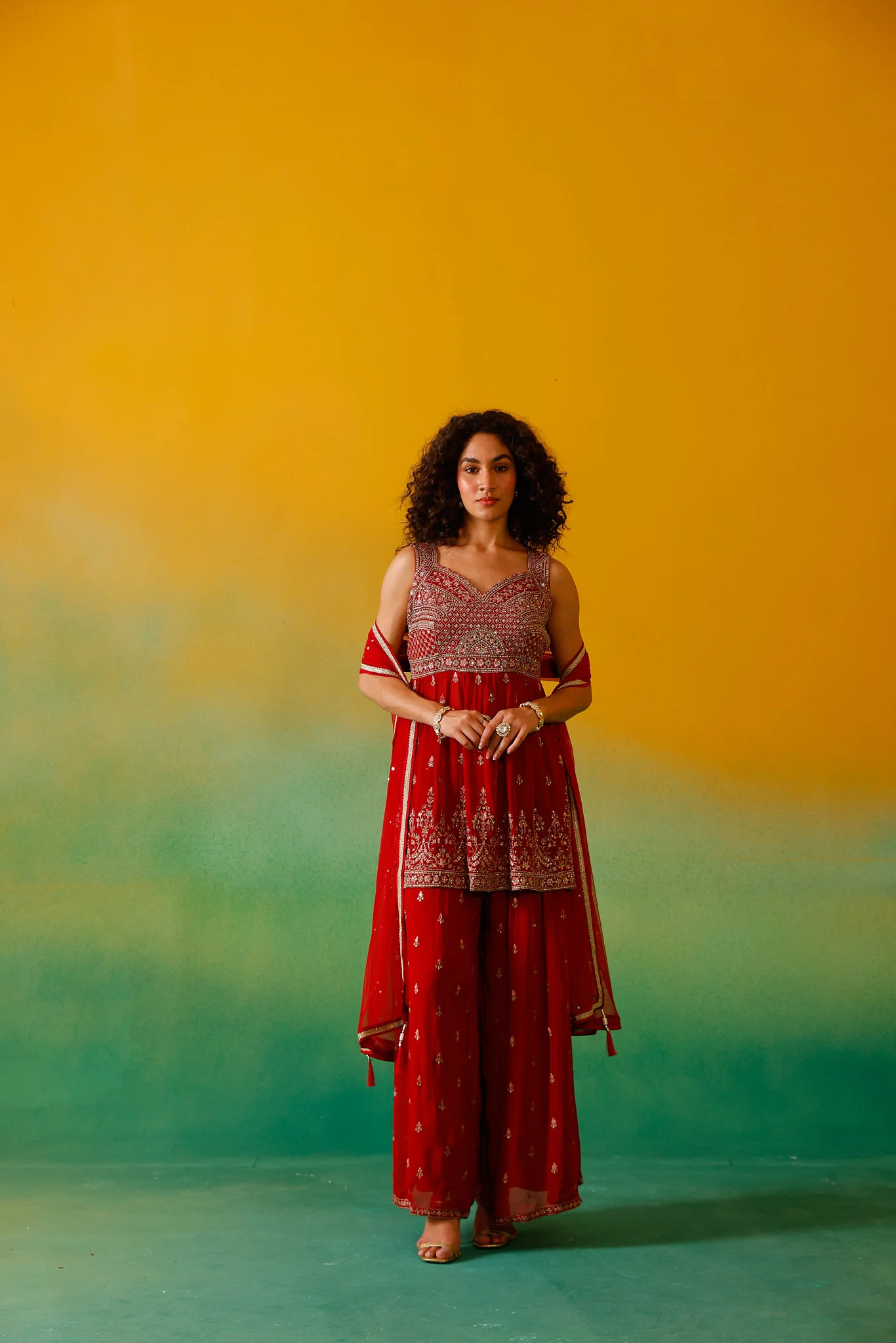 Neerus Red Embroidery Georgette Fabric Kurti Plazzo and Dupatta - Image 3