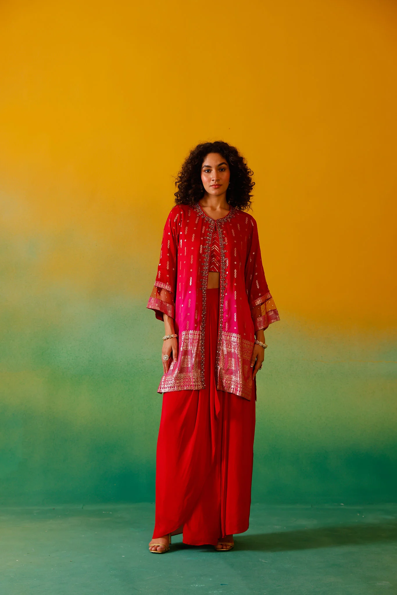 Neerus Red Embroidery Silk Fabric Fusion Set. - Image 11