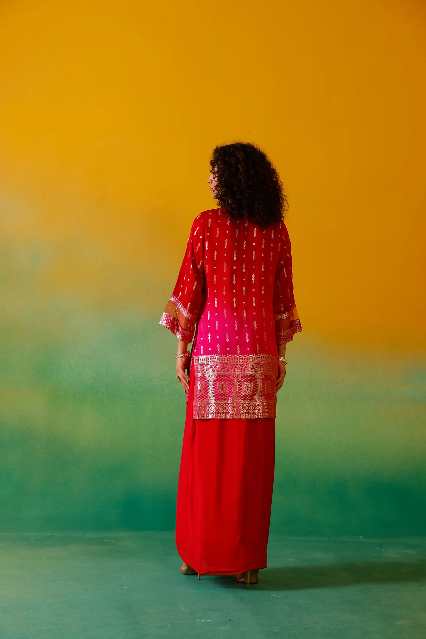 Neerus Red Embroidery Silk Fabric Fusion Set. - Image 2