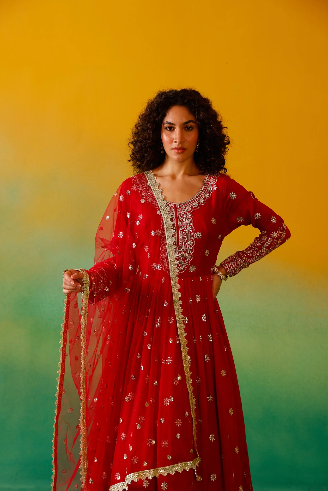 Neerus Red Embroidery Vichitra Silk Fabric Anarkali and Dupatta - Image 10