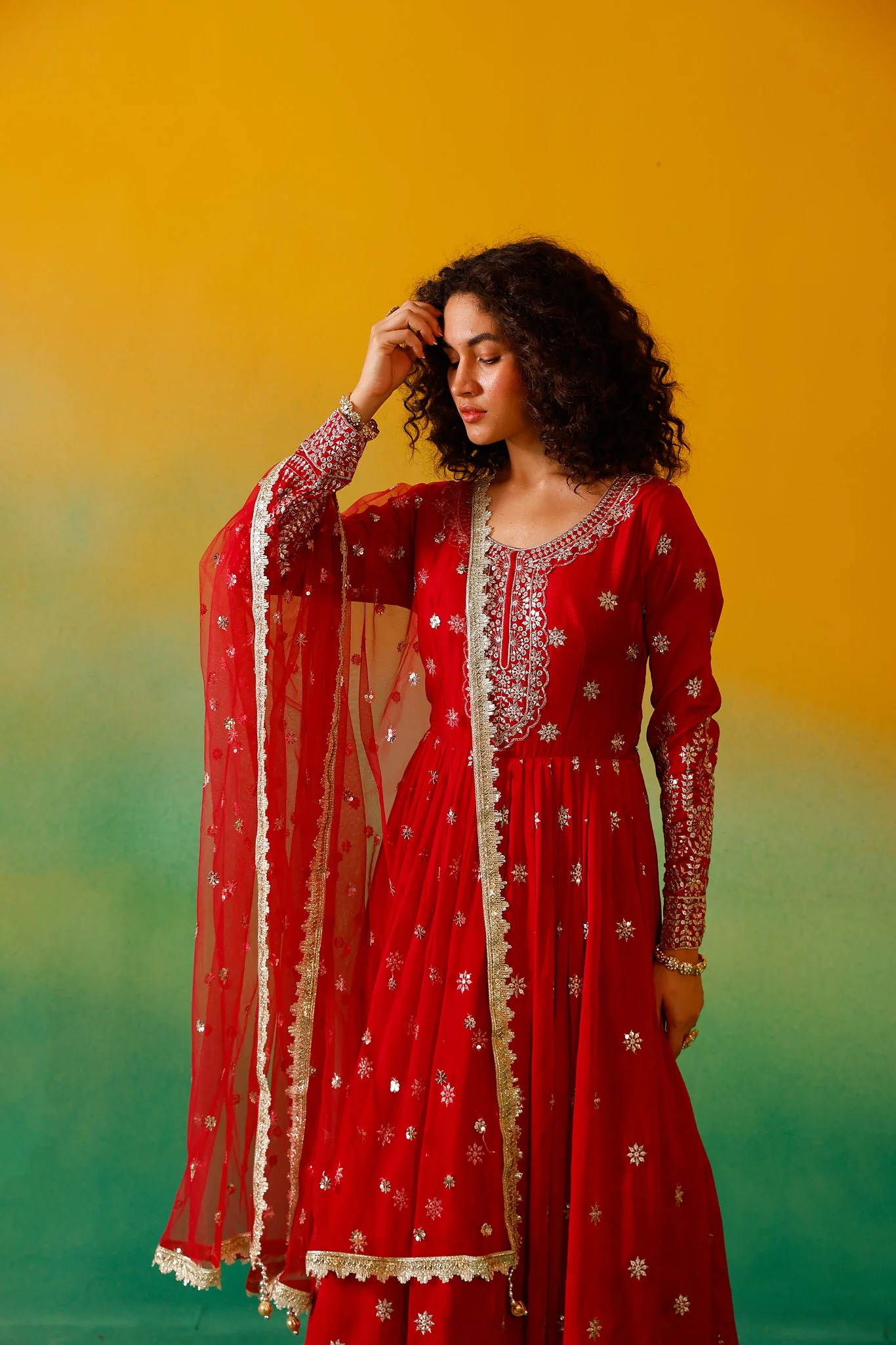 Neerus Red Embroidery Vichitra Silk Fabric Anarkali and Dupatta - Image 11