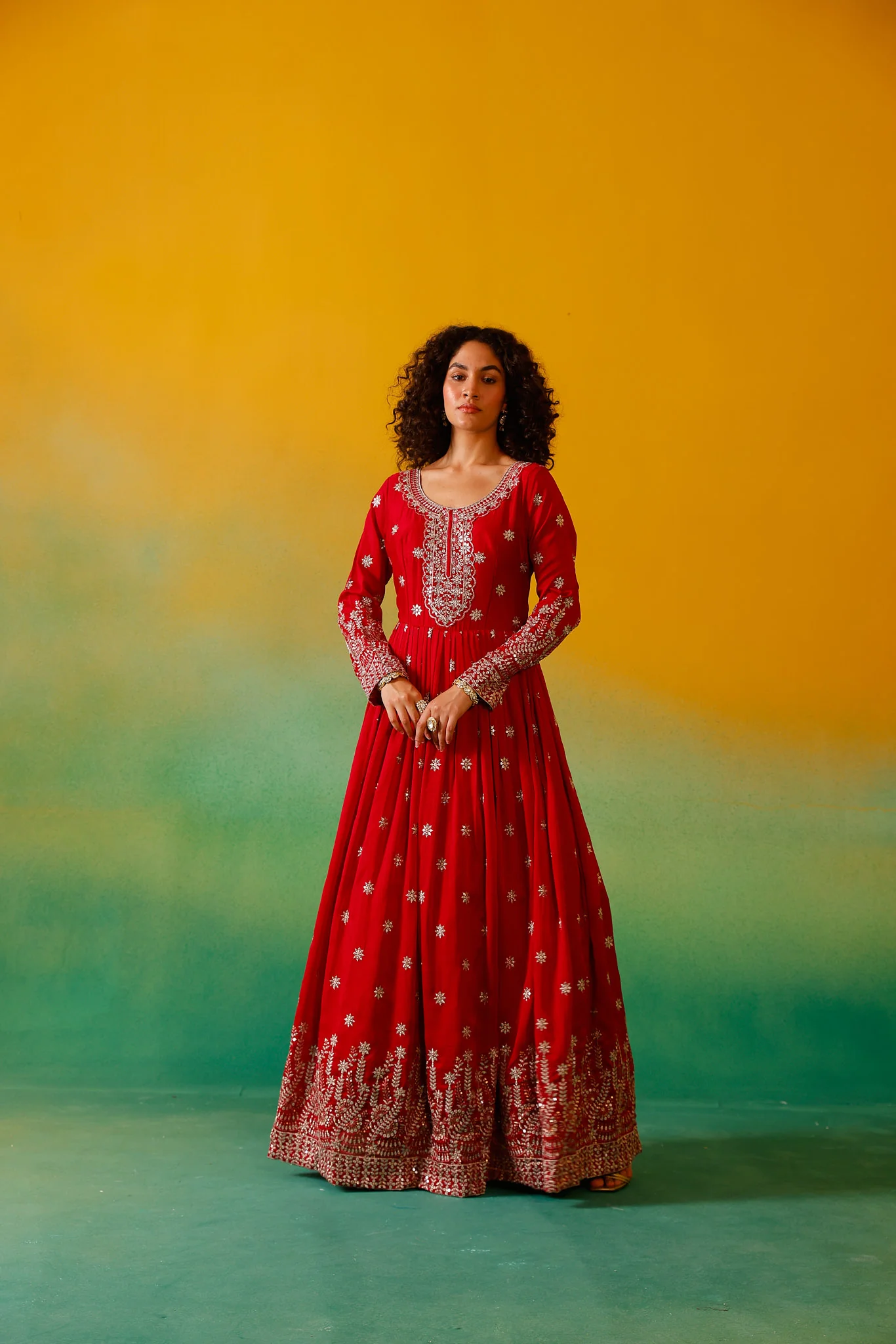 Neerus Red Embroidery Vichitra Silk Fabric Anarkali and Dupatta - Image 12