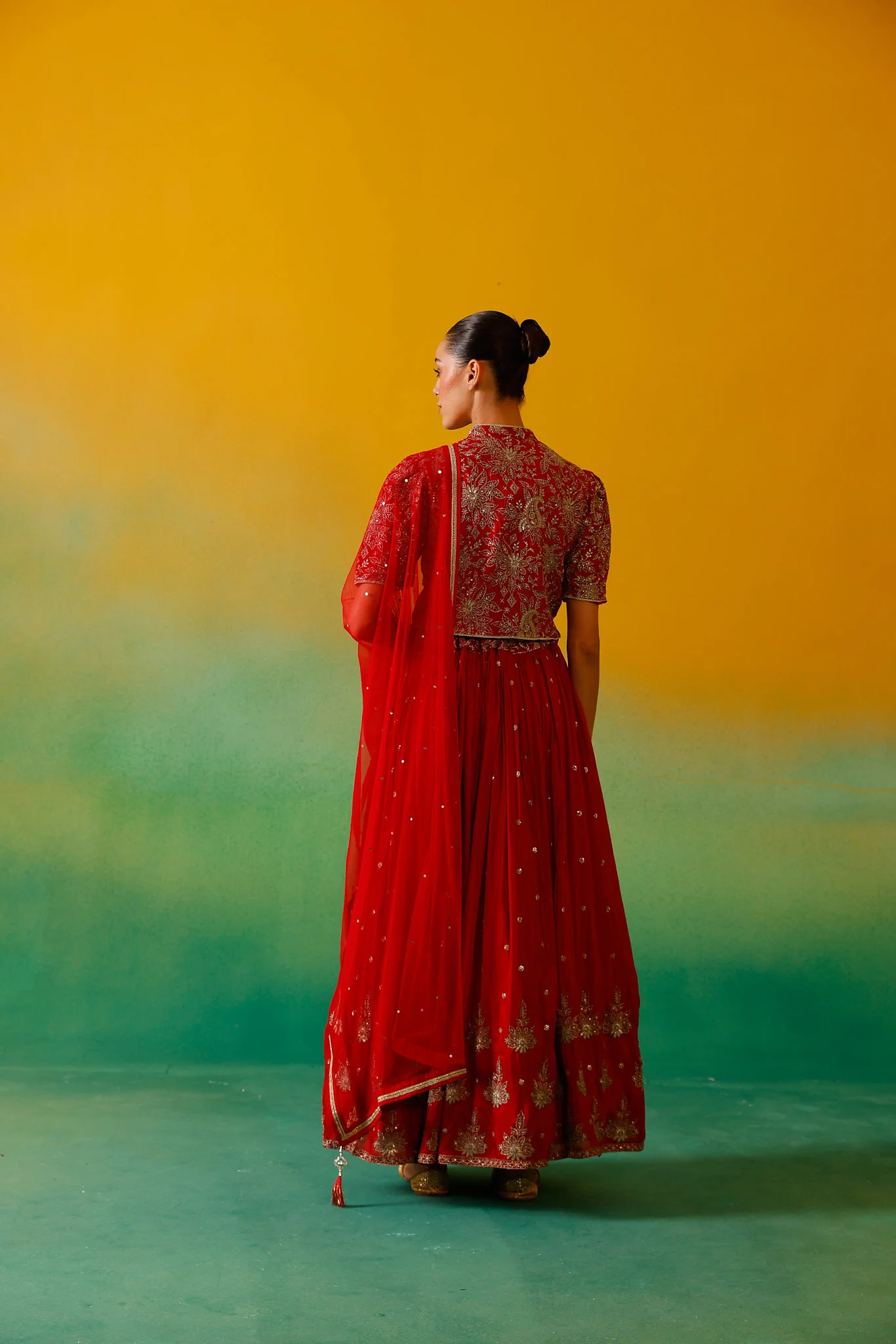 Neerus Red Embroidery work Chinon Fabric Ghagra Set - Image 3