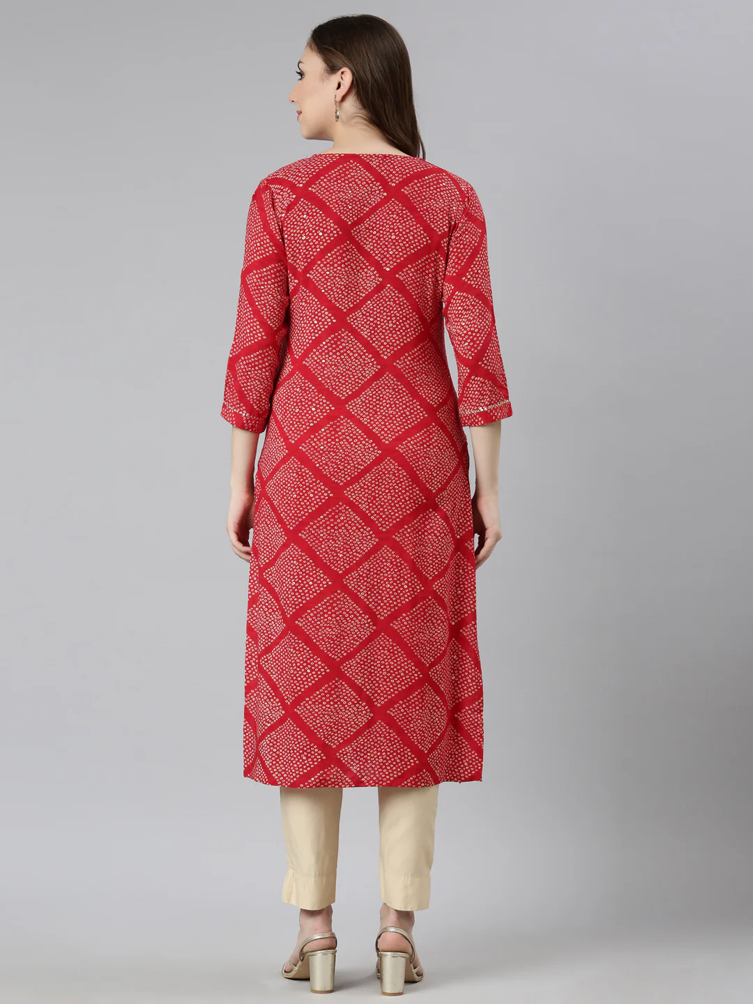 Neerus Red Panelled Straight Bandhani Kurta - Image 3