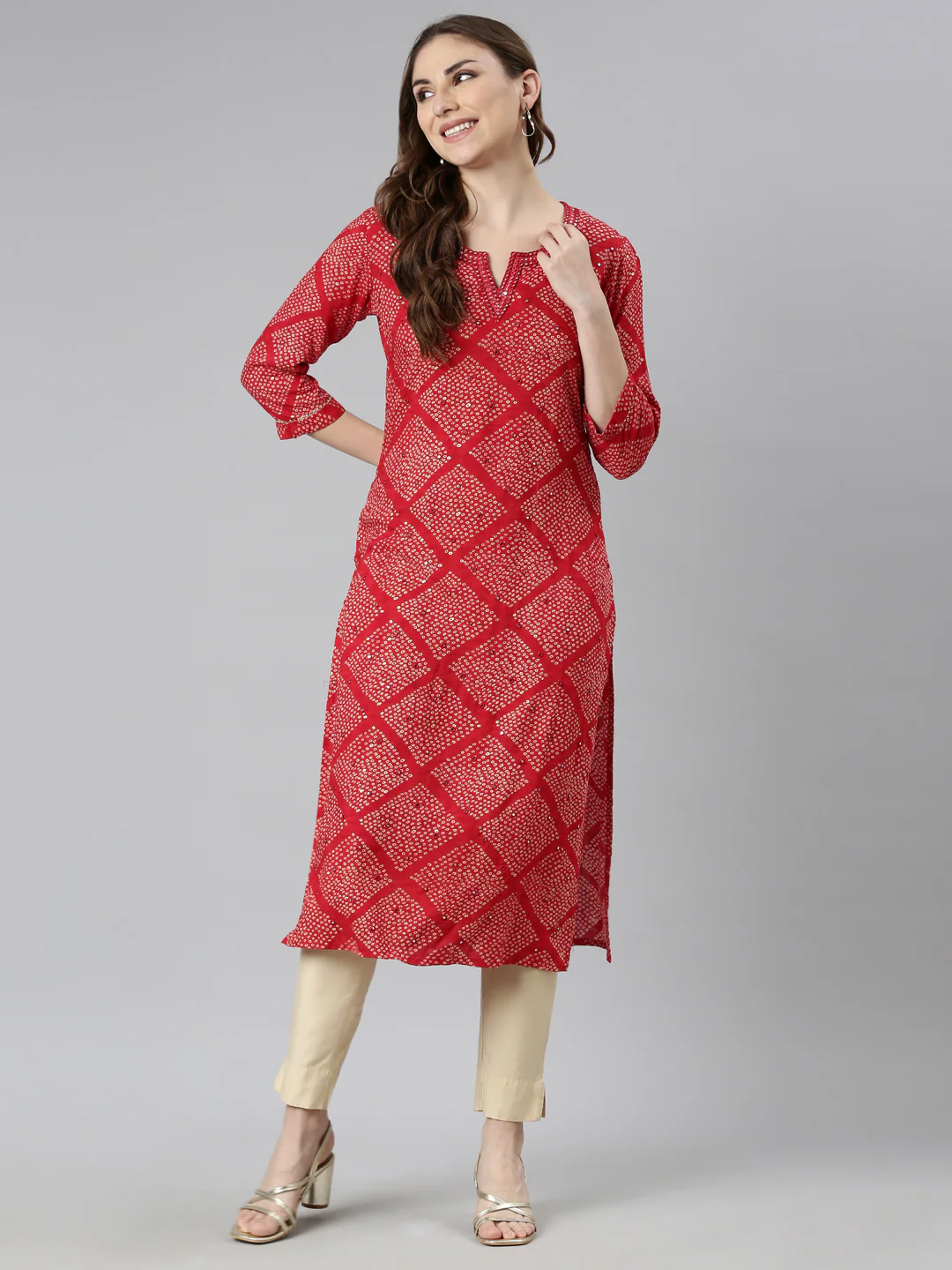 Neerus Red Panelled Straight Bandhani Kurta - Image 4