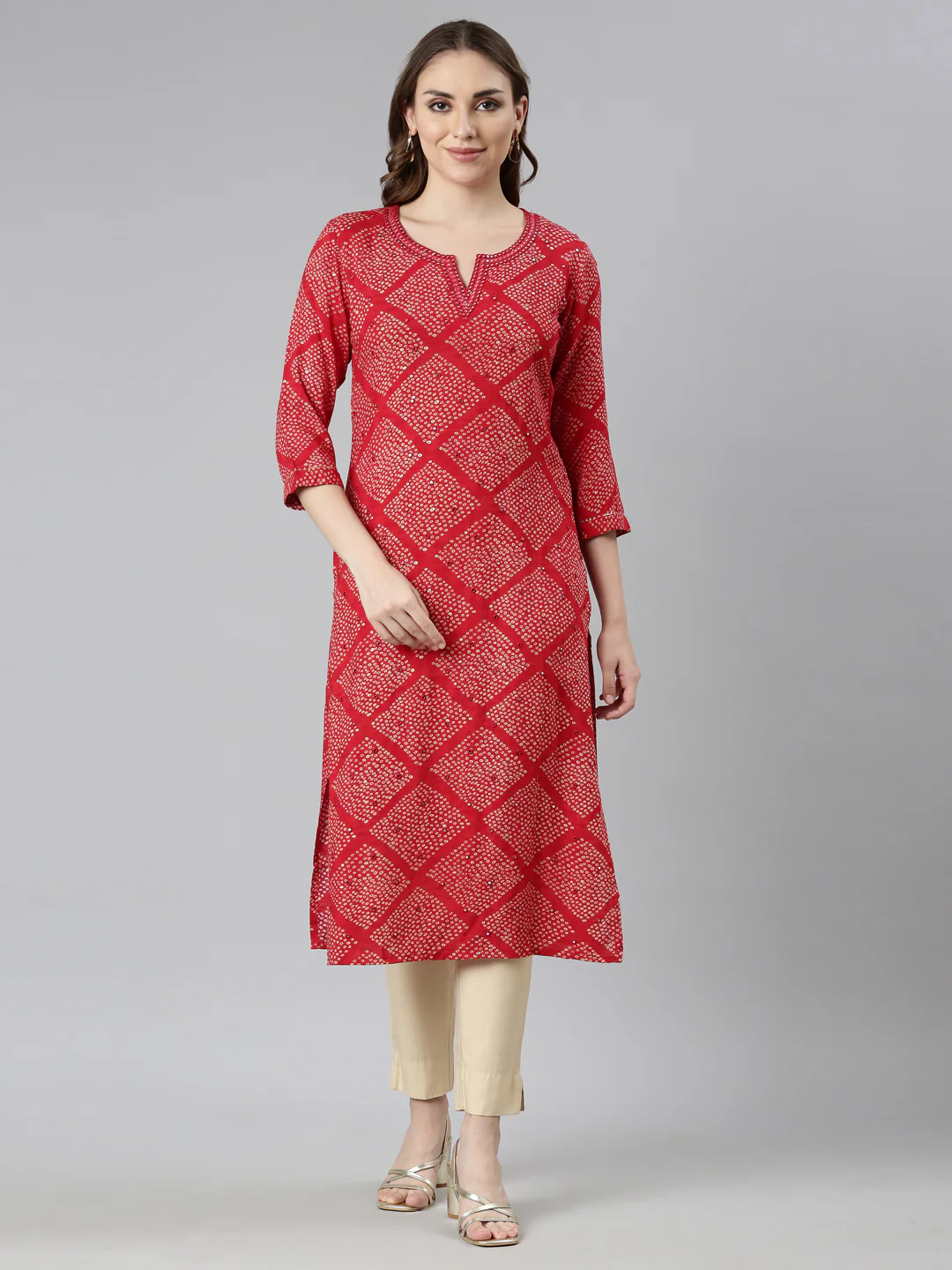 Neerus Red Panelled Straight Bandhani Kurta - Image 6