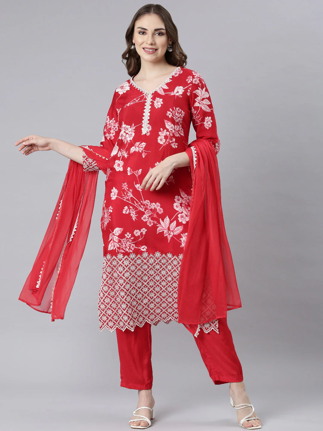 Neerus Red Panelled Straight Floral Readymade Suits - Image 6