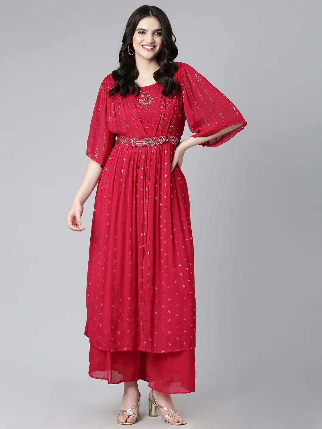 Neerus Red Pleated Straight Embroidered Kurta And Palazzos With Dupatta - Image 5