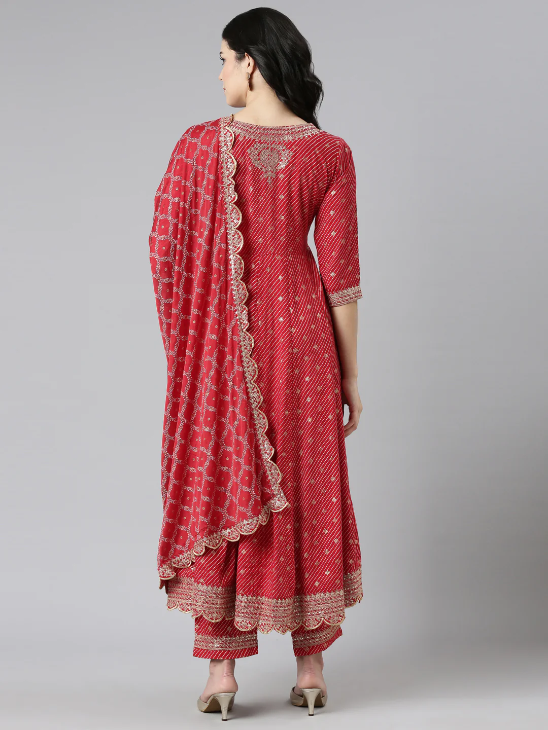 Neerus Red Pleated Straight Embroidered Kurta And Trousers With Dupatta - Image 3