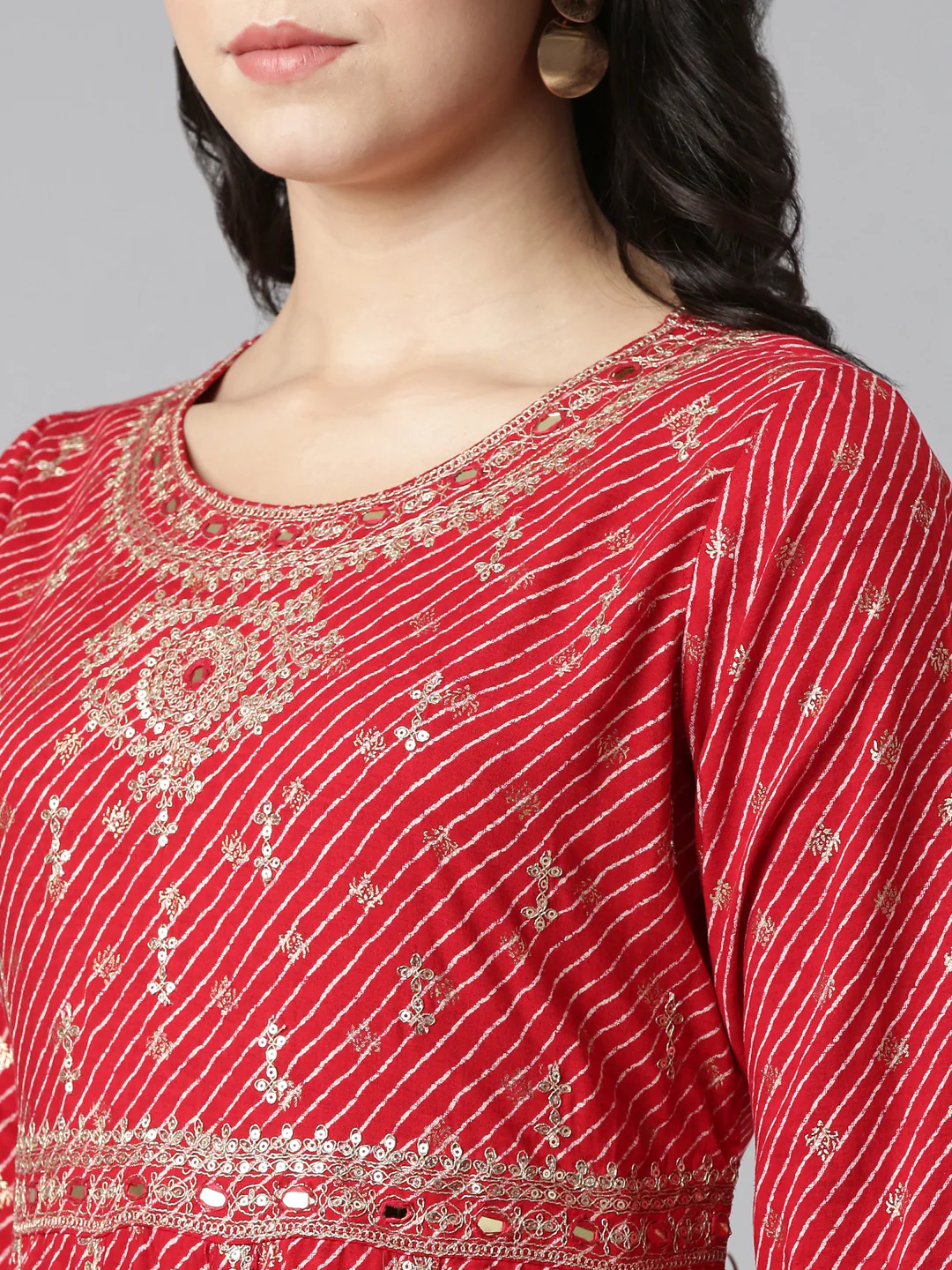 Neerus Red Pleated Straight Embroidered Kurta And Trousers With Dupatta - Image 4