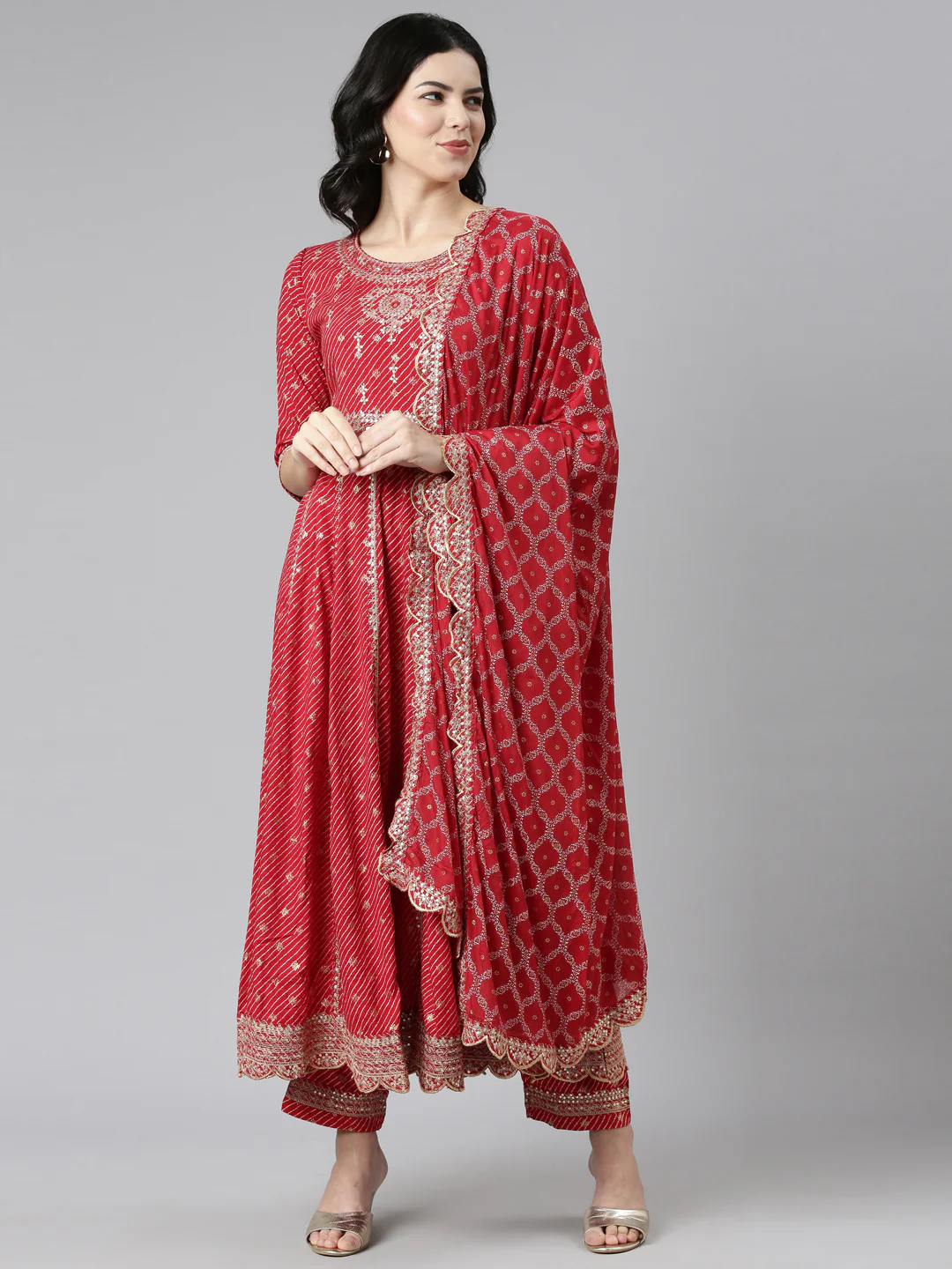 Neerus Red Pleated Straight Embroidered Kurta And Trousers With Dupatta - Image 5