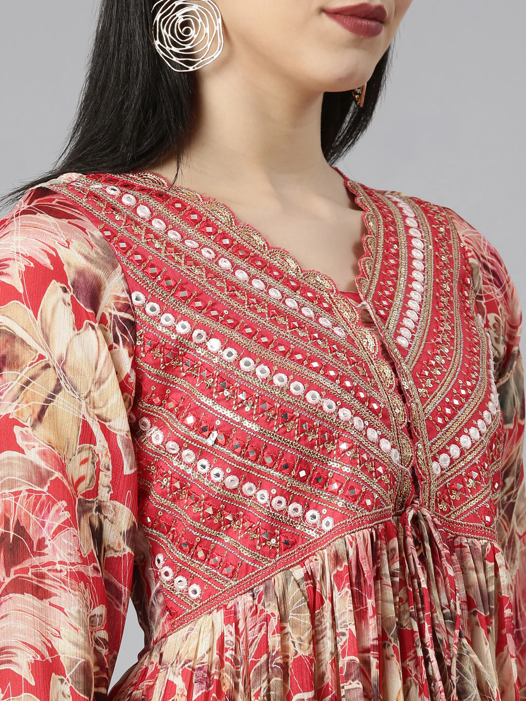 Neerus Red Pleated Straight Floral Kurta And Trousers With Dupatta - Image 4