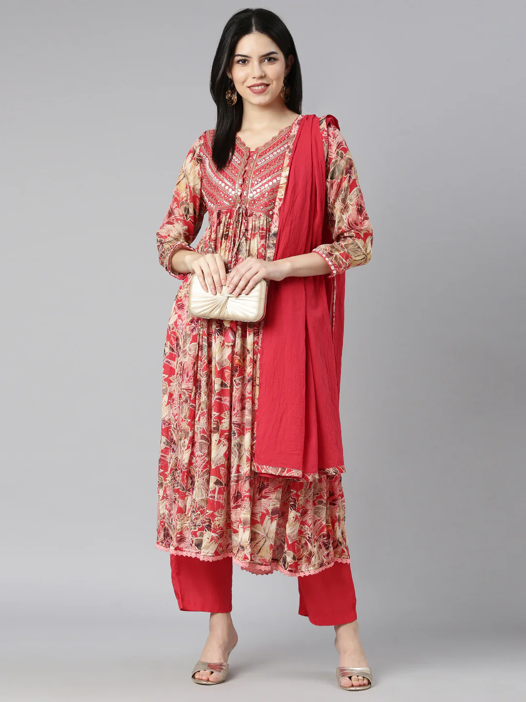 Neerus Red Pleated Straight Floral Kurta And Trousers With Dupatta - Image 5