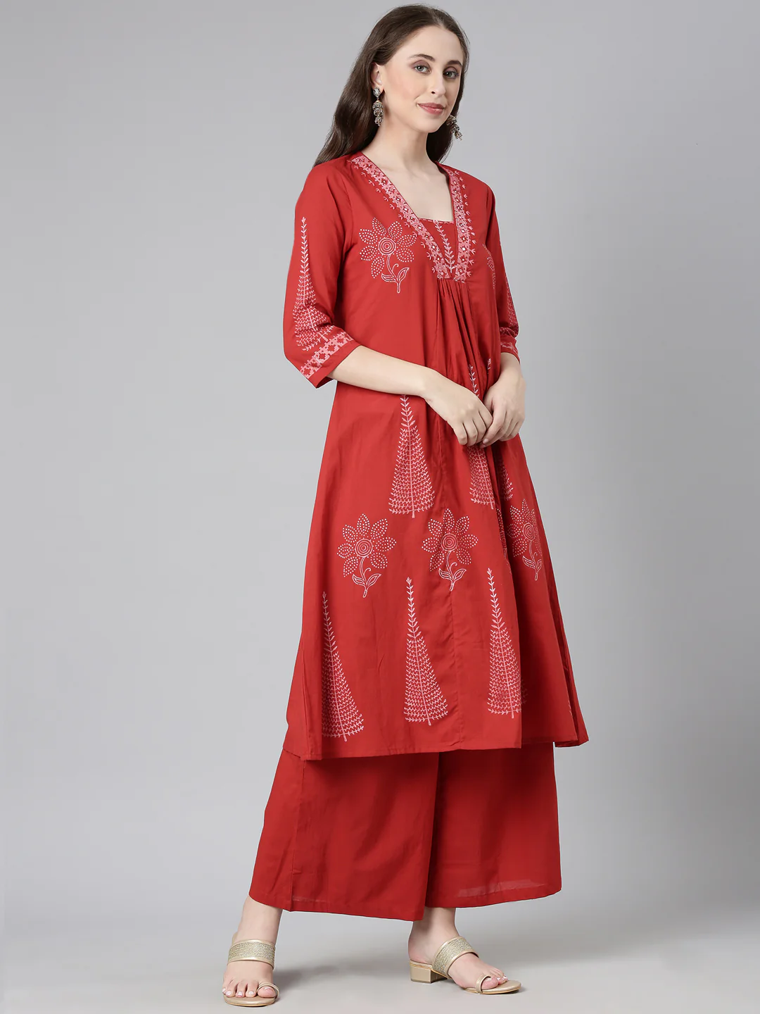 Neerus Red Printed A-Line Kurta and Trousers With Dupatta - Image 2