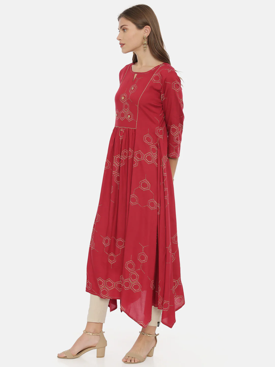Neerus Red Printed High Low Kurta - Image 3
