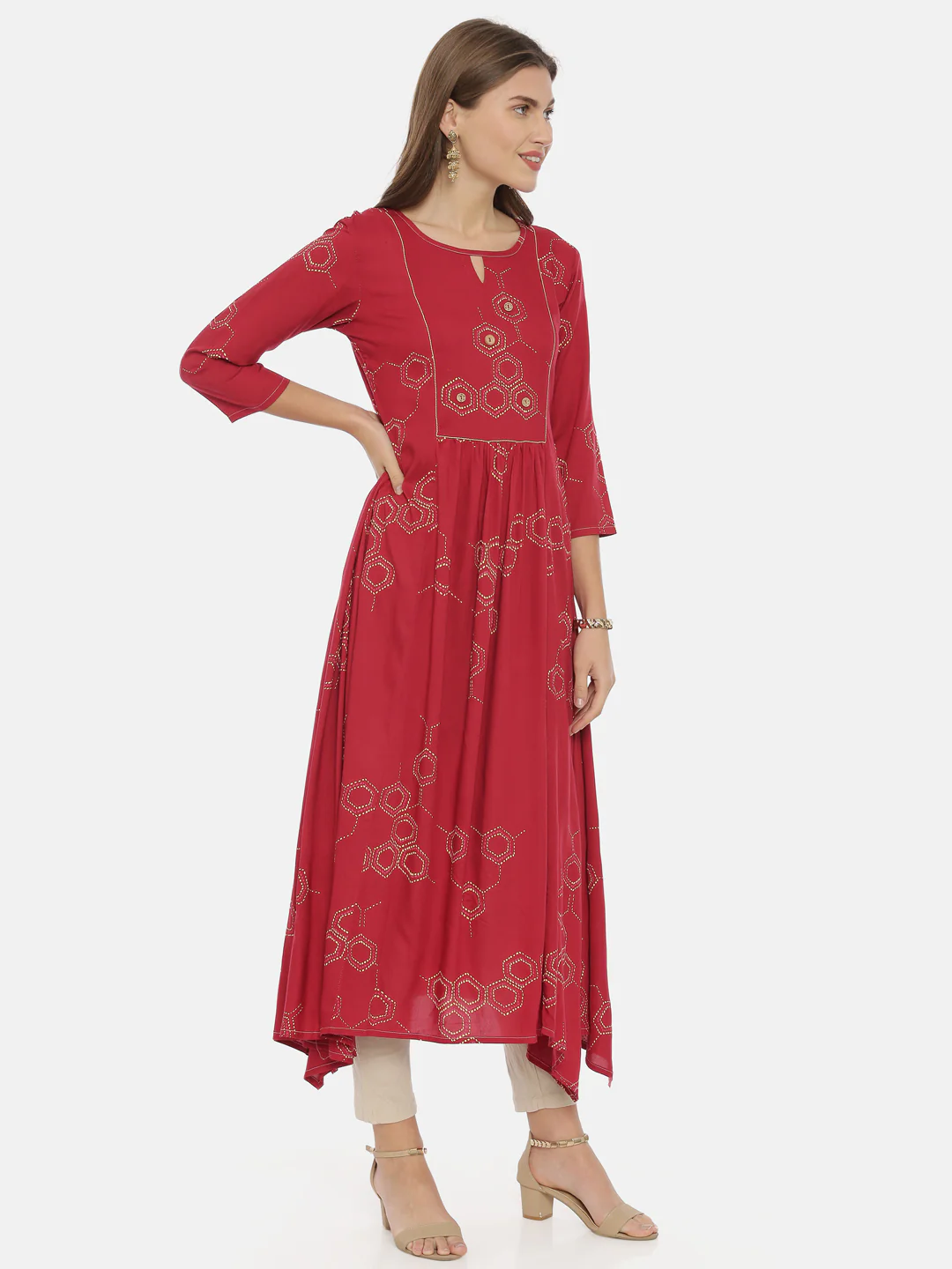 Neerus Red Printed High Low Kurta - Image 4