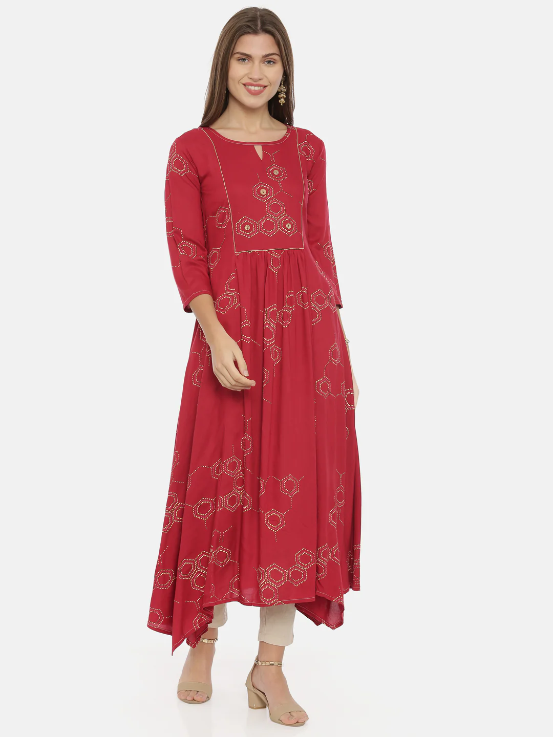 Neerus Red Printed High Low Kurta - Image 6