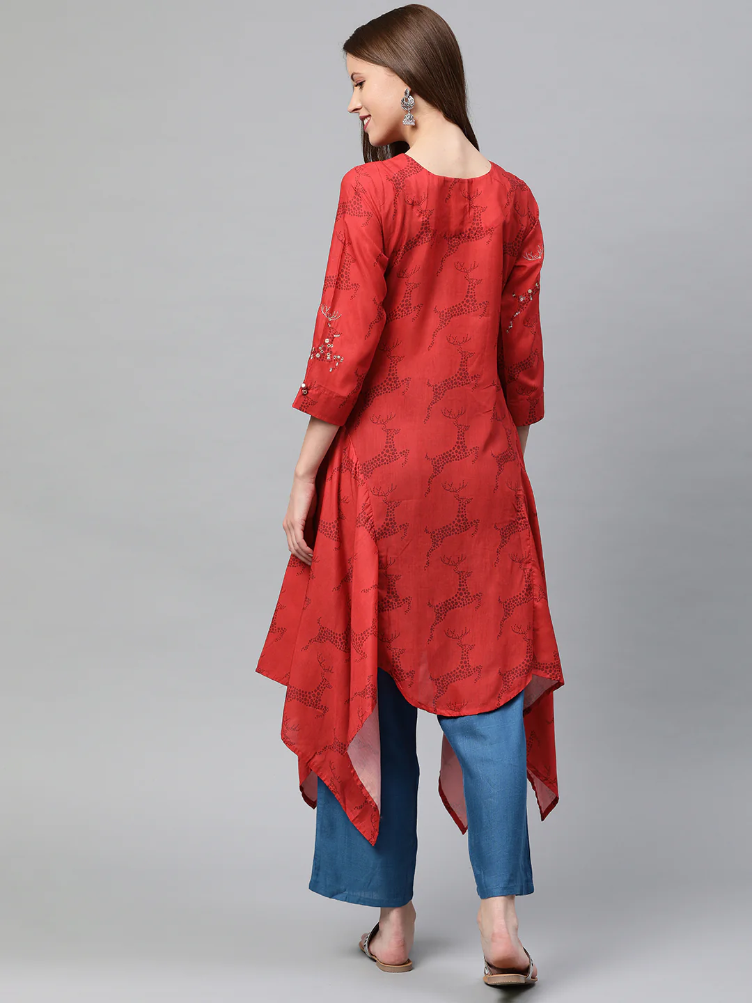Neerus Red Printed High Low Kurta - Image 3