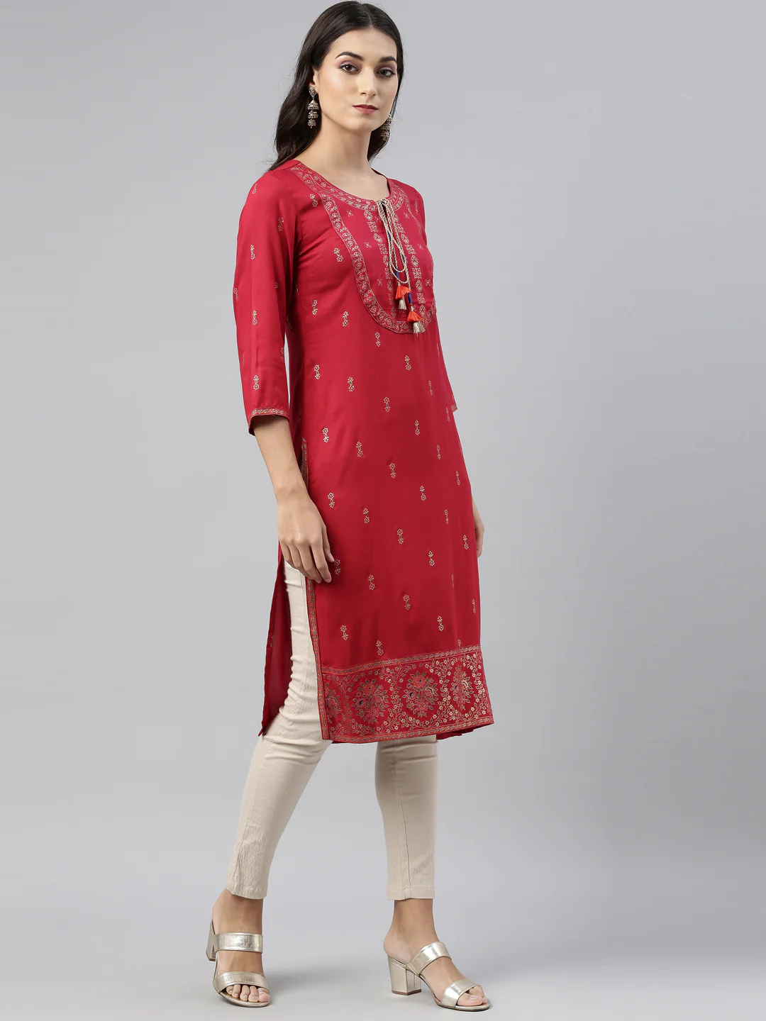 Neerus Red Printed Straight Kurta - Image 4
